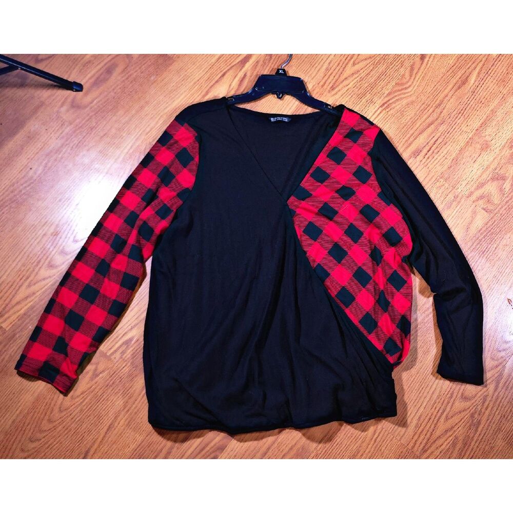 BloomChic Plus Size 18-20 Black & Red Buffalo Plaid Asymmetrical Wrap Top
